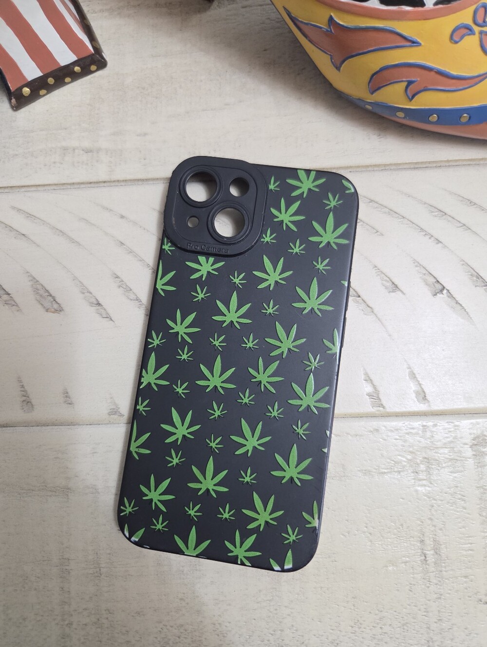 (BUY NOW)Black Phone Case with Green Leaf Pattern - 420, Iphone 14, EUC